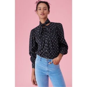 La Vie by Rebecca Taylor Black Polka Dot Blouse with Bow Tie